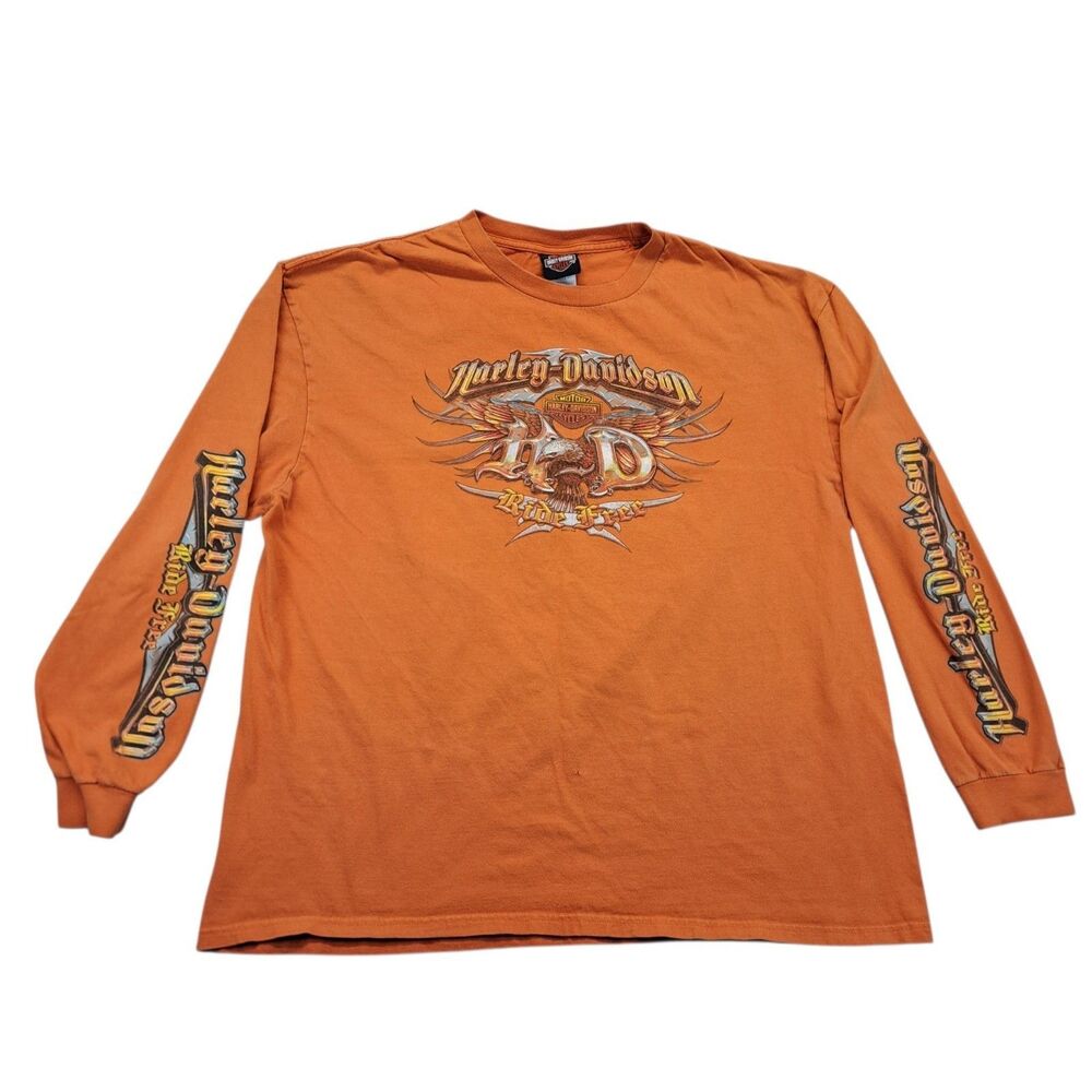 Harley Davidson T Shirt Mens 2XL Orange Long Sleeve Windy City Chicago Graphic
